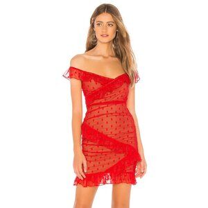 Majorelle Women's Bandit Mini Dress Small Red Polka Dot Off Shoulder Mesh Ruffle